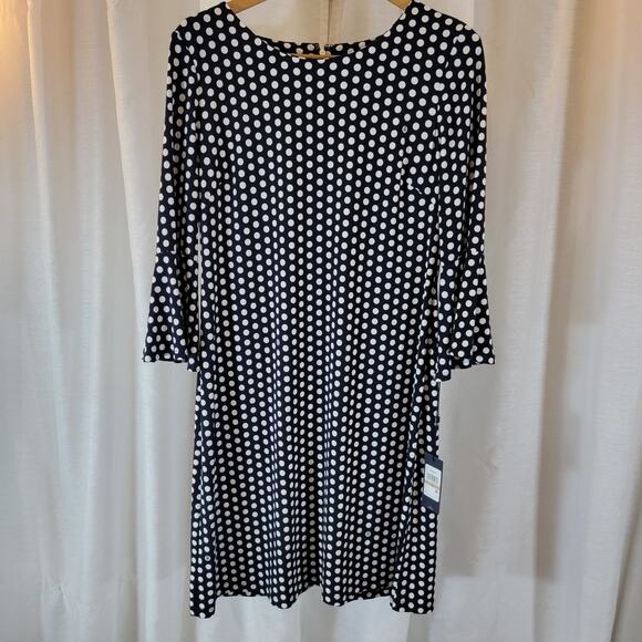 NWT Tommy Hilfiger Navy White Polka Dot 3/4 Sleeve Shift Dress Zip Sz 12 - Picture 1 of 6